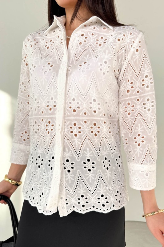 GML-10262 Beyaz Gizli Düğmeli Oversize Dantel Gömlek