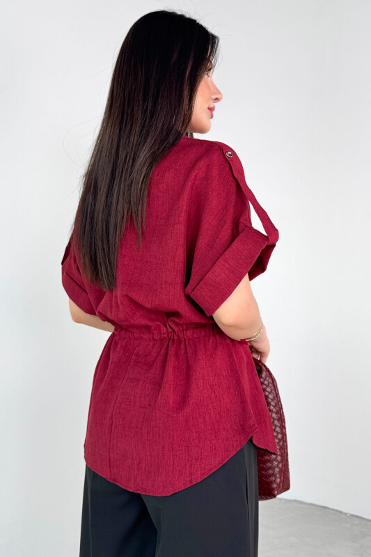 GML-10263 Bordo Bel Bağlamalı Kol Düğme Detaylı Kısa Kol Gömlek - 2