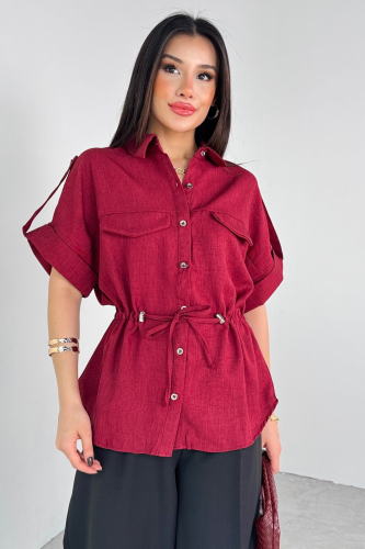 GML-10263 Bordo Bel Bağlamalı Kol Düğme Detaylı Kısa Kol Gömlek 