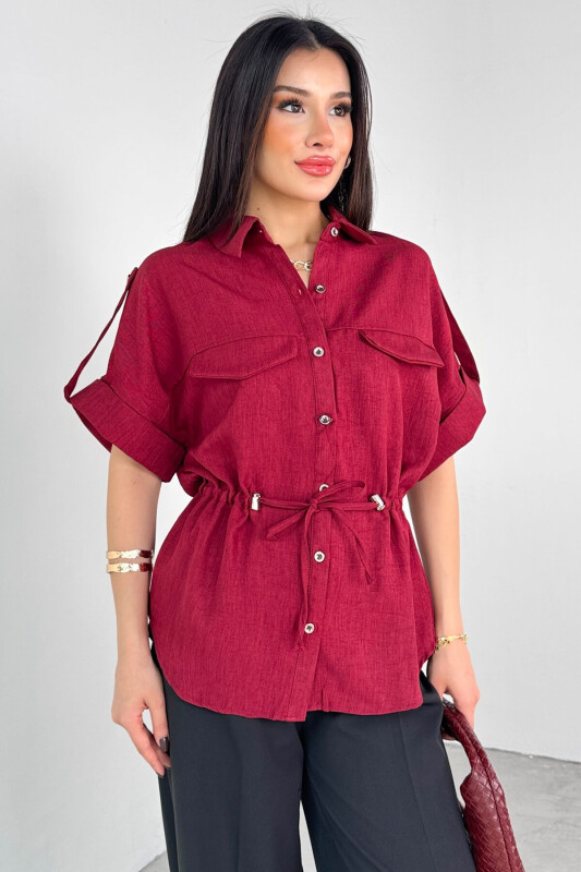 GML-10263 Bordo Bel Bağlamalı Kol Düğme Detaylı Kısa Kol Gömlek - 3