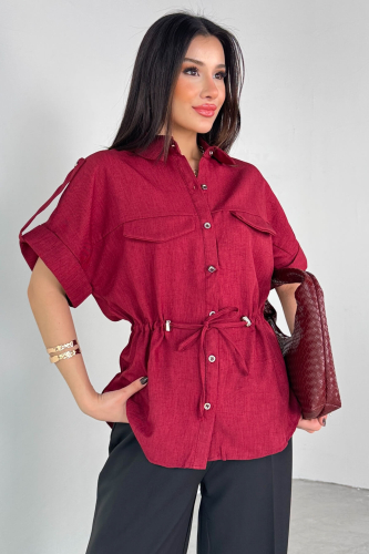 GML-10263 Bordo Bel Bağlamalı Kol Düğme Detaylı Kısa Kol Gömlek - 4