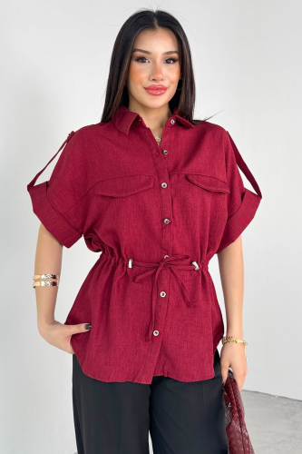 GML-10263 Bordo Bel Bağlamalı Kol Düğme Detaylı Kısa Kol Gömlek - 6