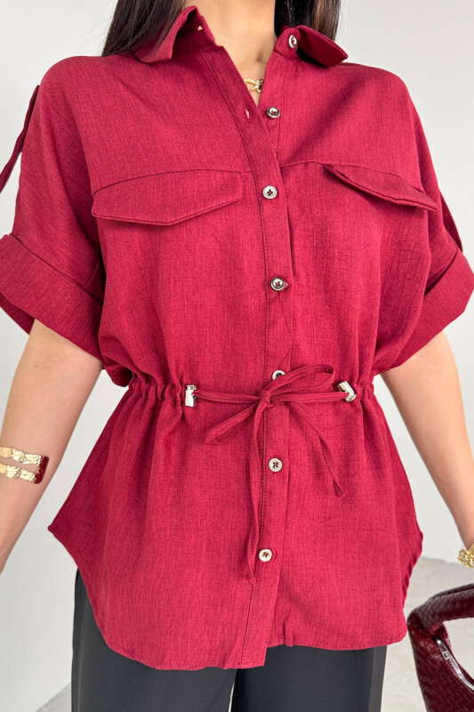 GML-10263 Bordo Bel Bağlamalı Kol Düğme Detaylı Kısa Kol Gömlek - 7