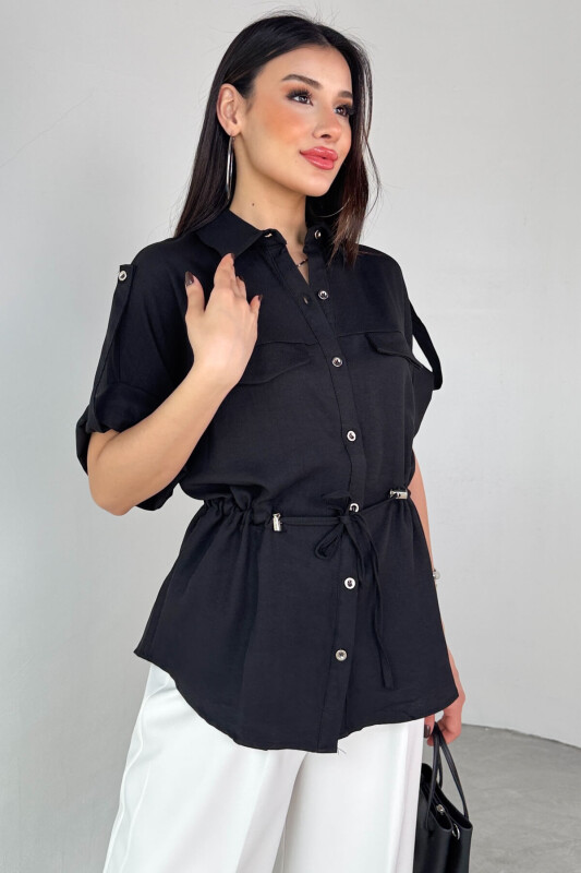 GML-10263 Siyah Bel Bağlamalı Kol Düğme Detaylı Kısa Kol Gömlek - 5
