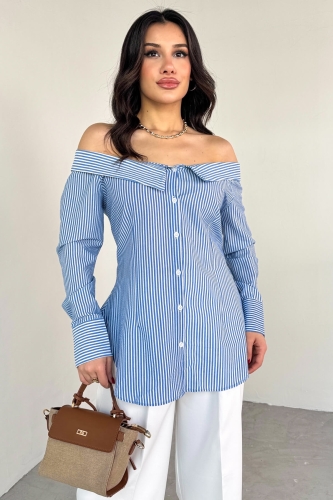 Cappmoda - GML-103206 Mavi Çizgili Madonna Yaka Gömlek (1)