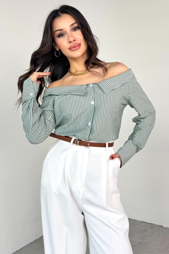 Cappmoda - GML-103206 Yeşil Çizgili Madonna Yaka Gömlek (1)
