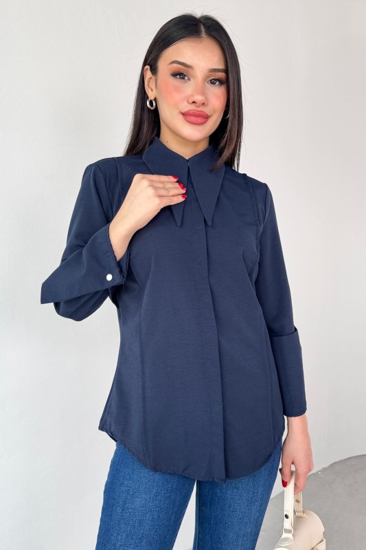 GML-13258 Lacivert Sivri Yaka Gizli Düğmeli Biyeli Gömlek