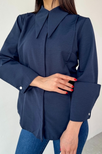 Cappmoda - GML-13258 Lacivert Sivri Yaka Gizli Düğmeli Biyeli Gömlek (1)