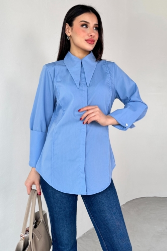 Cappmoda - GML-13258 Mavi Sivri Yaka Gizli Düğmeli Biyeli Gömlek (1)