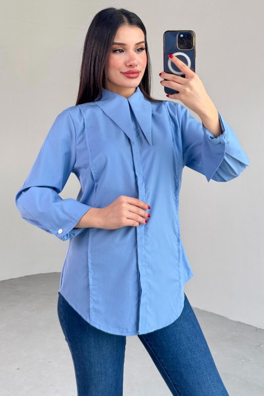 GML-13258 Mavi Sivri Yaka Gizli Düğmeli Biyeli Gömlek