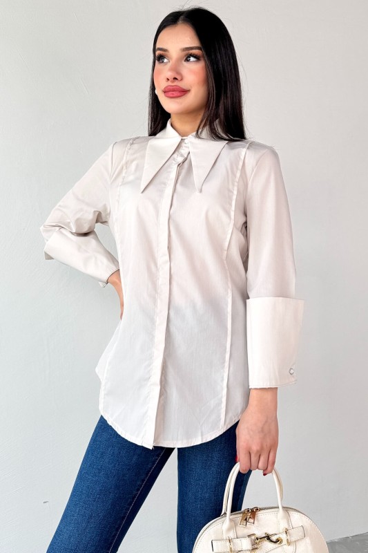 GML-13258 Taş Rengi Sivri Yaka Gizli Düğmeli Biyeli Gömlek