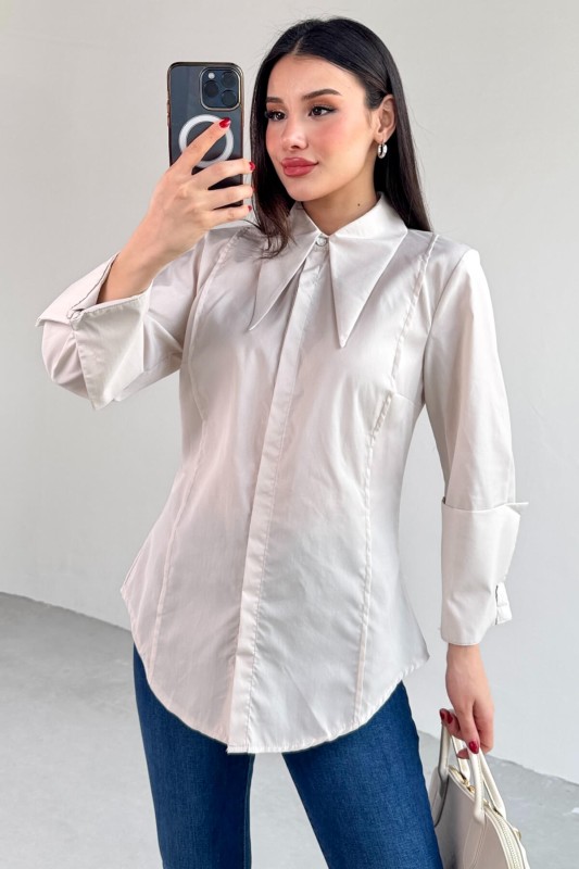 GML-13258 Taş Rengi Sivri Yaka Gizli Düğmeli Biyeli Gömlek