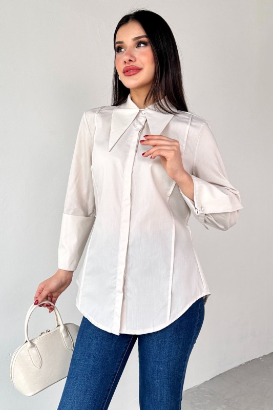 GML-13258 Taş Rengi Sivri Yaka Gizli Düğmeli Biyeli Gömlek