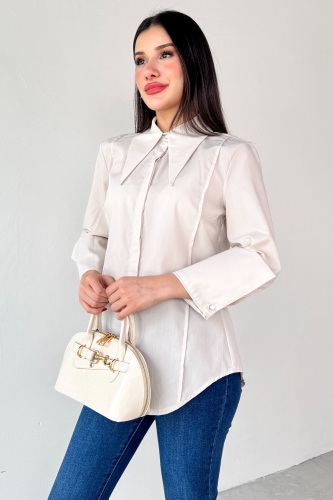 Cappmoda - GML-13258 Taş Rengi Sivri Yaka Gizli Düğmeli Biyeli Gömlek (1)