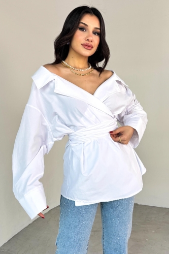Cappmoda - GML-13259 Beyaz Kruvaze Yaka Bağlamalı Asimetrik Kesim Gömlek (1)