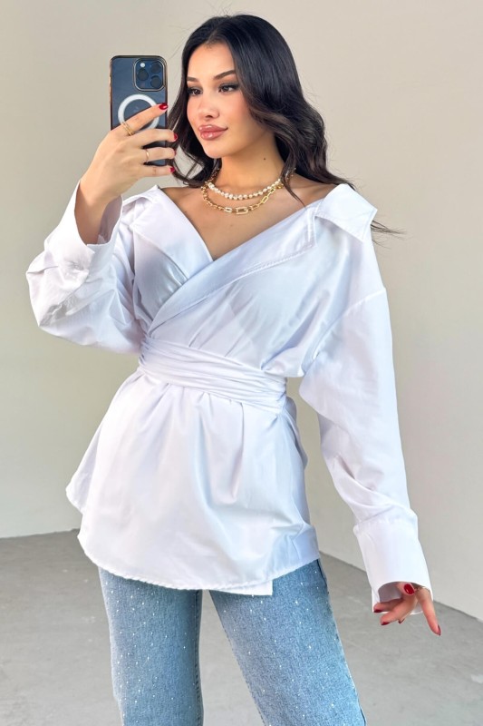 GML-13259 Beyaz Kruvaze Yaka Bağlamalı Asimetrik Kesim Gömlek