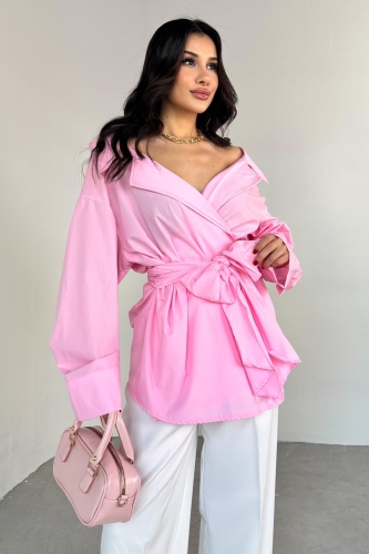 Cappmoda - GML-13259 Pembe Kruvaze Yaka Bağlamalı Asimetrik Kesim Gömlek (1)