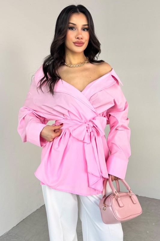 GML-13259 Pembe Kruvaze Yaka Bağlamalı Asimetrik Kesim Gömlek