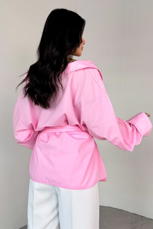 GML-13259 Pembe Kruvaze Yaka Bağlamalı Asimetrik Kesim Gömlek