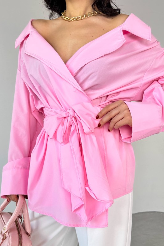 GML-13259 Pembe Kruvaze Yaka Bağlamalı Asimetrik Kesim Gömlek