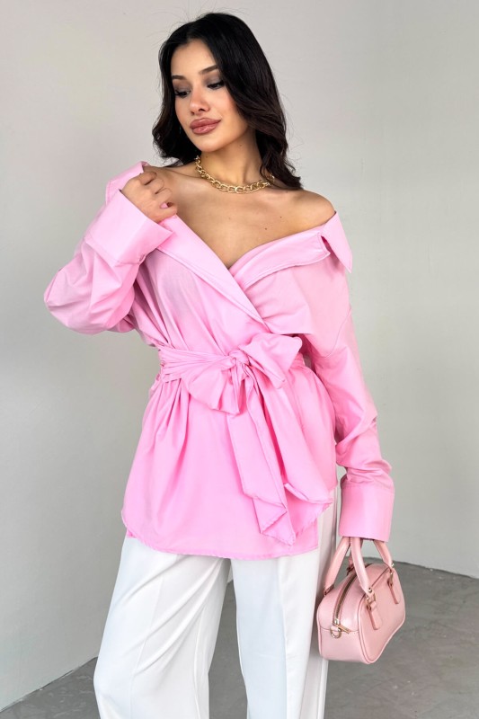 GML-13259 Pembe Kruvaze Yaka Bağlamalı Asimetrik Kesim Gömlek