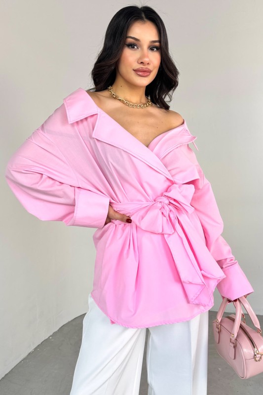 GML-13259 Pembe Kruvaze Yaka Bağlamalı Asimetrik Kesim Gömlek