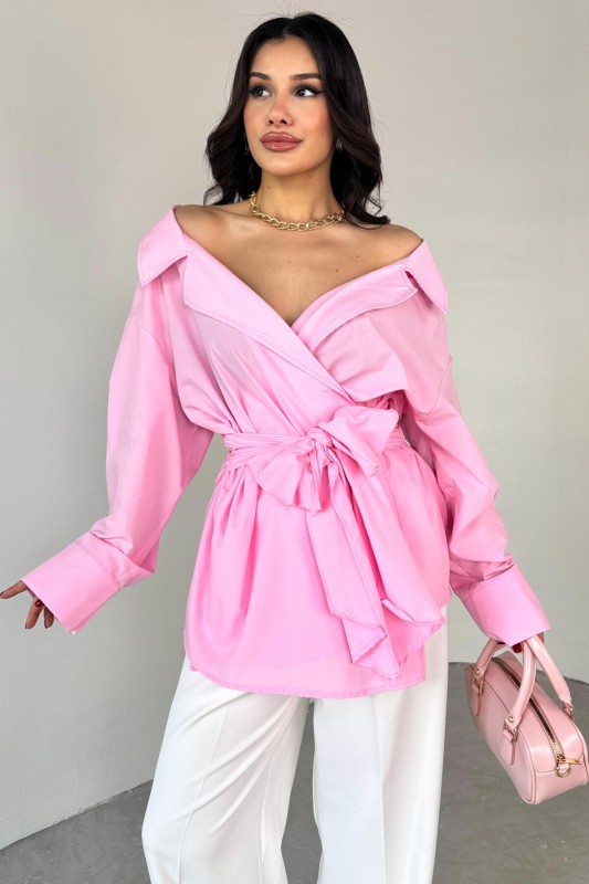 GML-13259 Pembe Kruvaze Yaka Bağlamalı Asimetrik Kesim Gömlek
