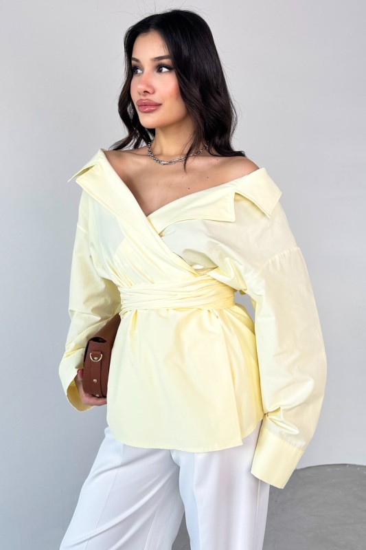 GML-13259 Sarı Kruvaze Yaka Bağlamalı Asimetrik Kesim Gömlek
