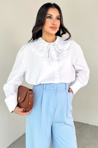 Cappmoda - GML-13260 Beyaz Fisto Yaka Gizli Düğmeli Pamuklu Gömlek (1)