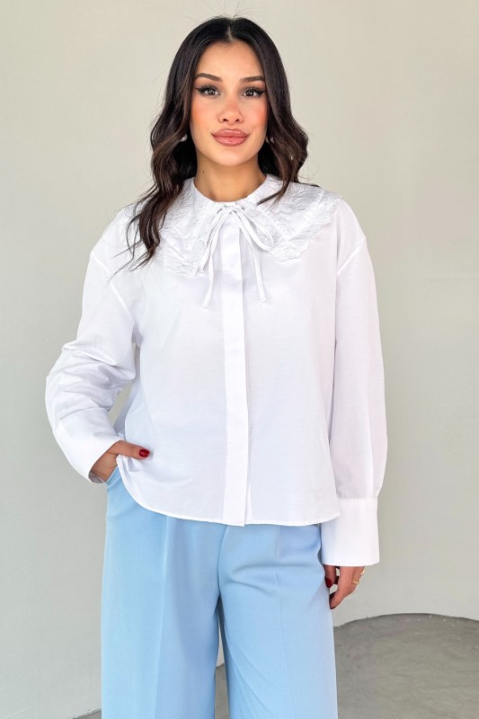 GML-13260 Beyaz Fisto Yaka Gizli Düğmeli Pamuklu Gömlek