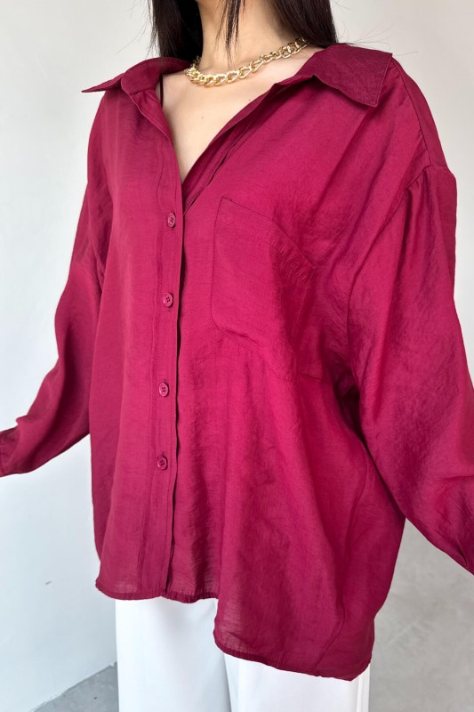 GML-4612 Bordo Düşük Omuzlu Oversize Gömlek