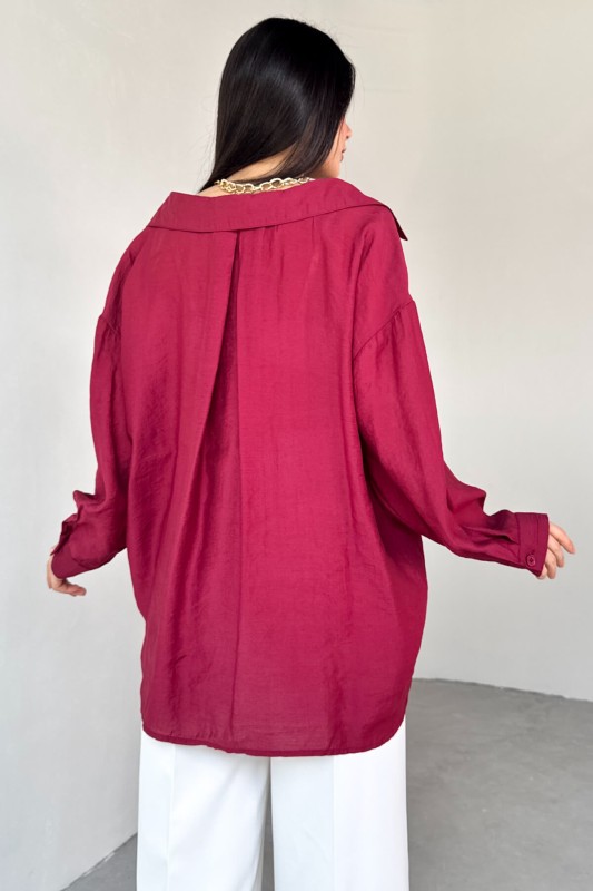 GML-4612 Bordo Düşük Omuzlu Oversize Gömlek