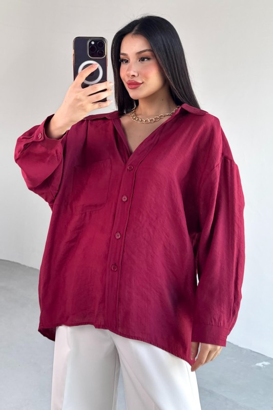 GML-4612 Bordo Düşük Omuzlu Oversize Gömlek
