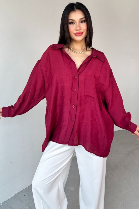 GML-4612 Bordo Düşük Omuzlu Oversize Gömlek