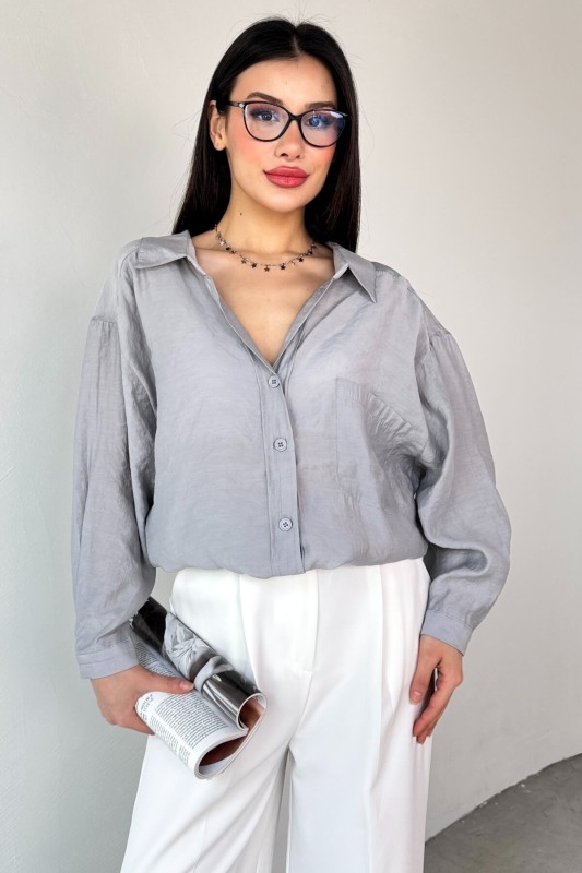 GML-4612 Gri Düşük Omuzlu Oversize Gömlek