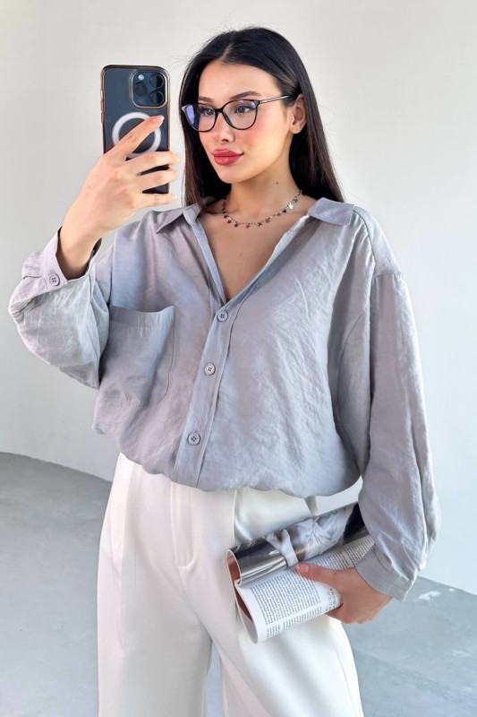 GML-4612 Gri Düşük Omuzlu Oversize Gömlek