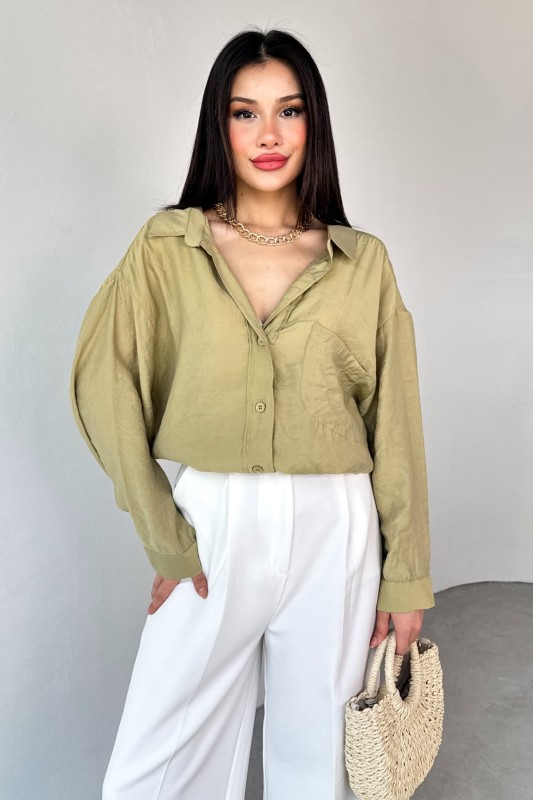 GML-4612 Haki Düşük Omuzlu Oversize Gömlek