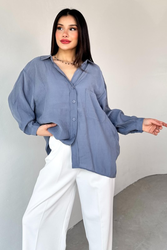 GML-4612 Mavi Düşük Omuzlu Oversize Gömlek