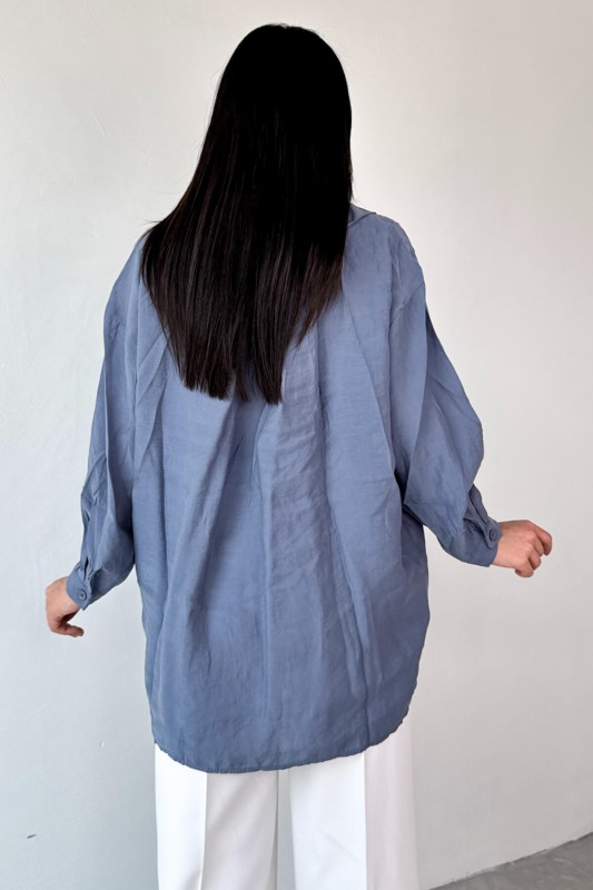 GML-4612 Mavi Düşük Omuzlu Oversize Gömlek
