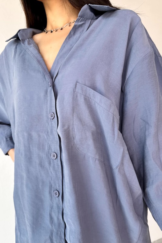 GML-4612 Mavi Düşük Omuzlu Oversize Gömlek