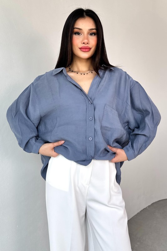 GML-4612 Mavi Düşük Omuzlu Oversize Gömlek