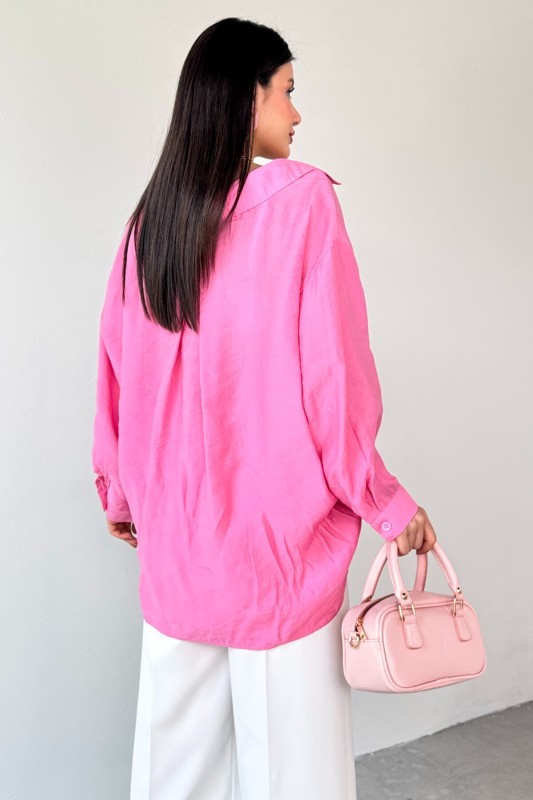 GML-4612 Pembe Düşük Omuzlu Oversize Gömlek