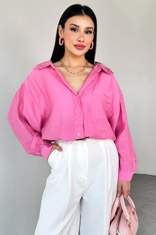 GML-4612 Pembe Düşük Omuzlu Oversize Gömlek