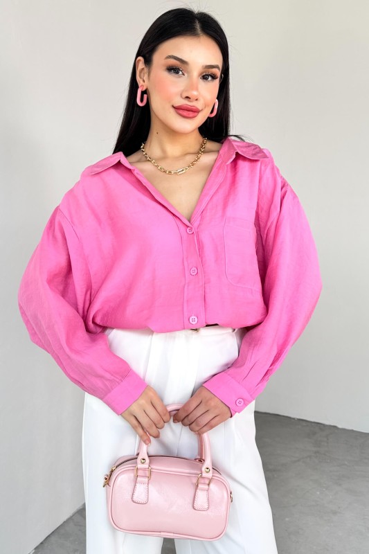 GML-4612 Pembe Düşük Omuzlu Oversize Gömlek