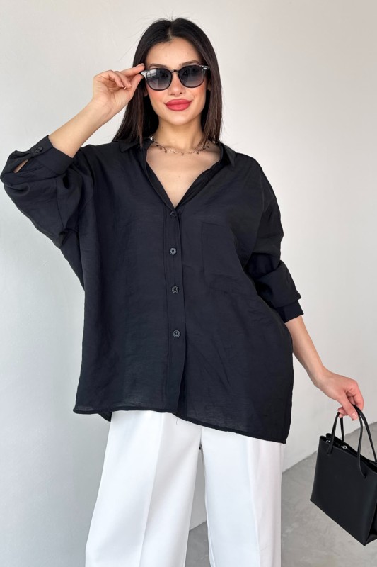 GML-4612 Siyah Düşük Omuzlu Oversize Gömlek