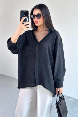 Cappmoda - GML-4612 Siyah Düşük Omuzlu Oversize Gömlek (1)