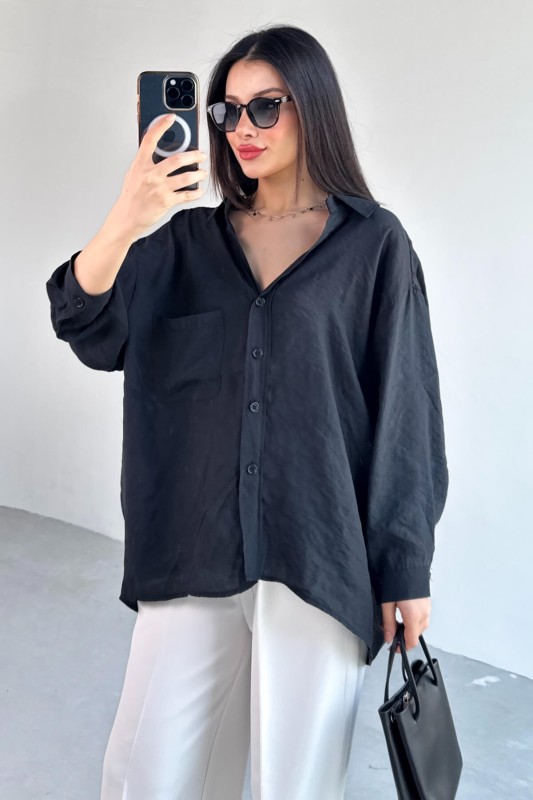 GML-4612 Siyah Düşük Omuzlu Oversize Gömlek