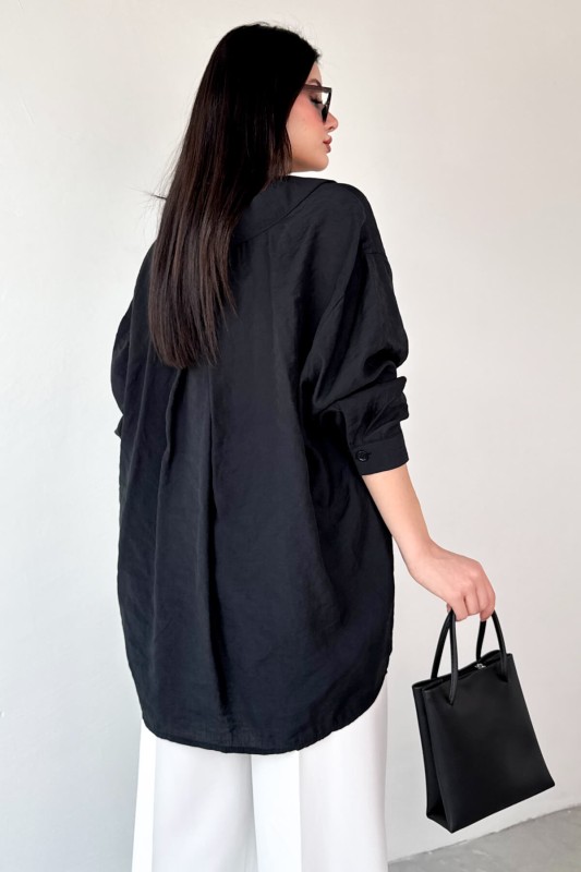 GML-4612 Siyah Düşük Omuzlu Oversize Gömlek