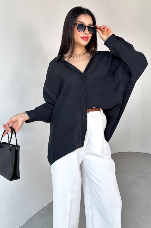 GML-4612 Siyah Düşük Omuzlu Oversize Gömlek