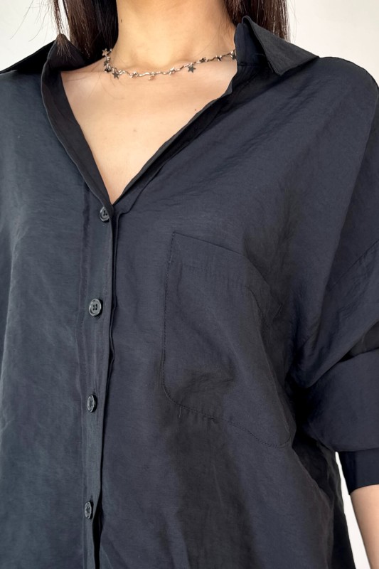 GML-4612 Siyah Düşük Omuzlu Oversize Gömlek
